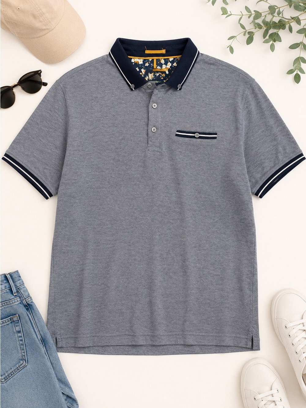 Denim & Flower Men's Heather Gray Polo with Navy Trim